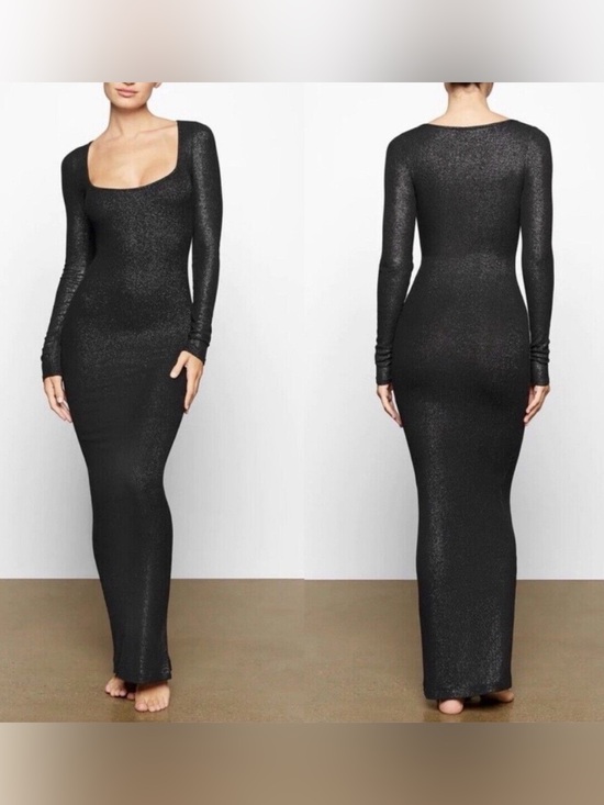 Skims Dresses & Skirts - Skims Dress Black Soft Lounge Shimmer Long Sleeve Onyx Foil Ribbed Maxi Small